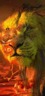 Fiery, vibrant lion artwork in bold orange-red colors.