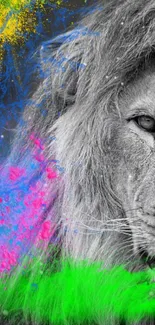 Artistic lion with vibrant colorful splashes on mobile wallpaper.