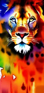 Vibrant watercolor art of a lion with bold, colorful strokes.