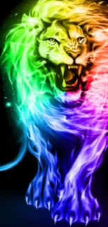 Colorful lion with rainbow flames on black background.