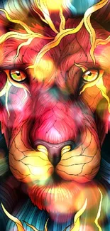 Intricate illustration of a lion with vibrant colors and lightning details.