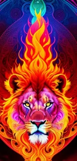 Vibrant fiery lion design with bold colors and intricate background.