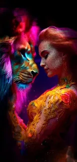 Vibrant artwork of a woman and lion with purple hues.