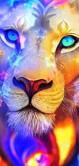 Vibrant lion artwork with neon colors.