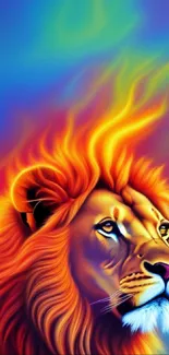 Vibrant lion digital art with fiery mane on a colorful background.