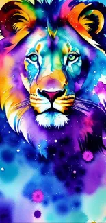 Vibrant watercolor lion art with bright colors and abstract design on mobile wallpaper.