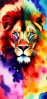 Vibrant lion artwork with colorful abstract background.