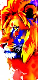 Vibrant lion art in bold reds and yellows with abstract splashes of color.