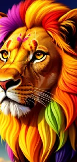 Vibrant lion with rainbow mane mobile wallpaper.