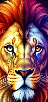 Vivid lion face with colorful mane illustration for mobile wallpaper.