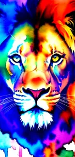 Vibrant lion artwork in bright colors on a mobile wallpaper.