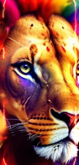 Vibrant lion head with colorful background in mobile wallpaper art.