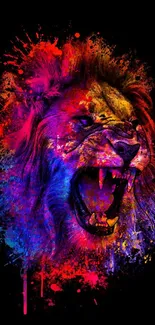 Vibrant lion art with colorful splashes on a black background.