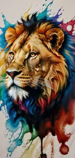 Vibrant artistic depiction of a colorful lion head.