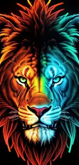 Vibrant multicolored lion art on black background.