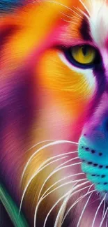 Colorful lion head with vibrant rainbow hues in artistic style.