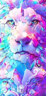 Vibrant mosaic lion artwork with neon colors on mobile wallpaper.