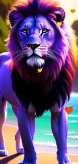 Vibrant purple lion walking along scenic beach.