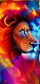 Vibrant digital lion art with orange and blue hues.