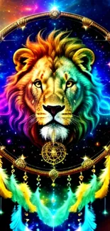 Colorful lion dreamcatcher artwork with cosmic background and feathers.
