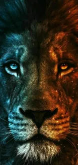 A vibrant lion wallpaper in blue and orange tones.