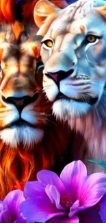 Vibrant lions with floral background