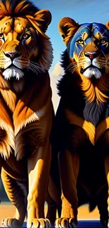 Artistic wallpaper featuring two vibrant lions in a colorful setting.