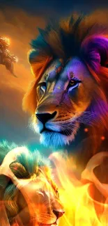 Vibrant fantasy art wallpaper with majestic lions at sunset.