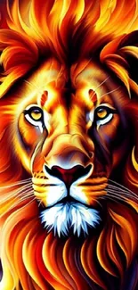 Fiery lion art wallpaper with vibrant colors and intense flames.