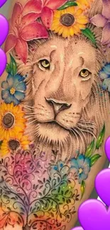 Colorful floral lion with heart accents.