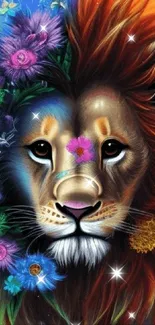 Vibrant lion art with flowers and colorful background.