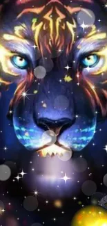 Mystical lion with glowing eyes in a galaxy-themed wallpaper.