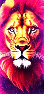 Vibrant lion against a colorful galaxy background in striking artwork.