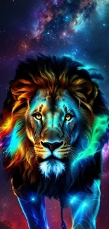 Colorful lion emerging from galaxy background.