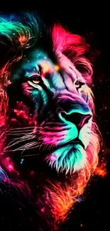 Neon lion in galaxy colors on black background wallpaper.