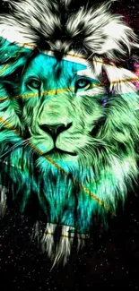 Cyan cosmic lion with galaxy background.