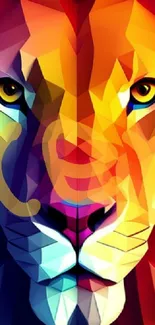 Colorful geometric lion artwork with vibrant shades and bold abstract design.