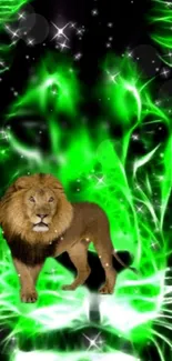 Lion standing in vibrant green digital artwork, exuding nature's energy.