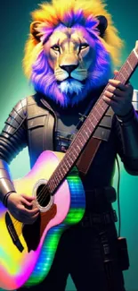 Lion guitarist with vibrant colors on futuristic wallpaper.