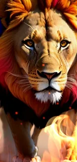 Vibrant lion with colorful mane in flames, fiery artwork.