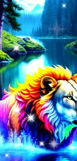 Colorful lion standing in a serene forest river with a vibrant, natural backdrop.