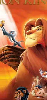 Lion King characters on Pride Rock in orange background scene.