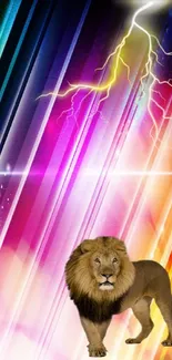 Lion beneath colorful lightning in vibrant wallpaper.