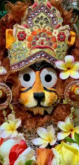 Lion mask with colorful floral decorations on mobile wallpaper.