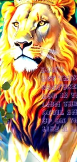 Vibrant lion with crown in forest with inspiring text overlay.