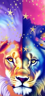 Colorful lion mobile wallpaper with stars and vibrant hues.