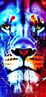 Vibrant lion wallpaper with red and blue hues.