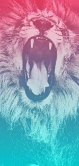 Roaring lion with pink and blue gradient background.