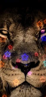 Majestic lion with vibrant star effects on a dark background.