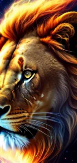 Vibrant lion with a cosmic background and fiery mane in a colorful mobile wallpaper.